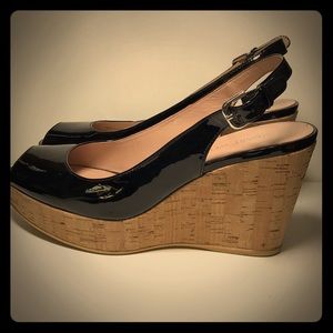 Stuart Weitzman Black Patent Cork Wedge
